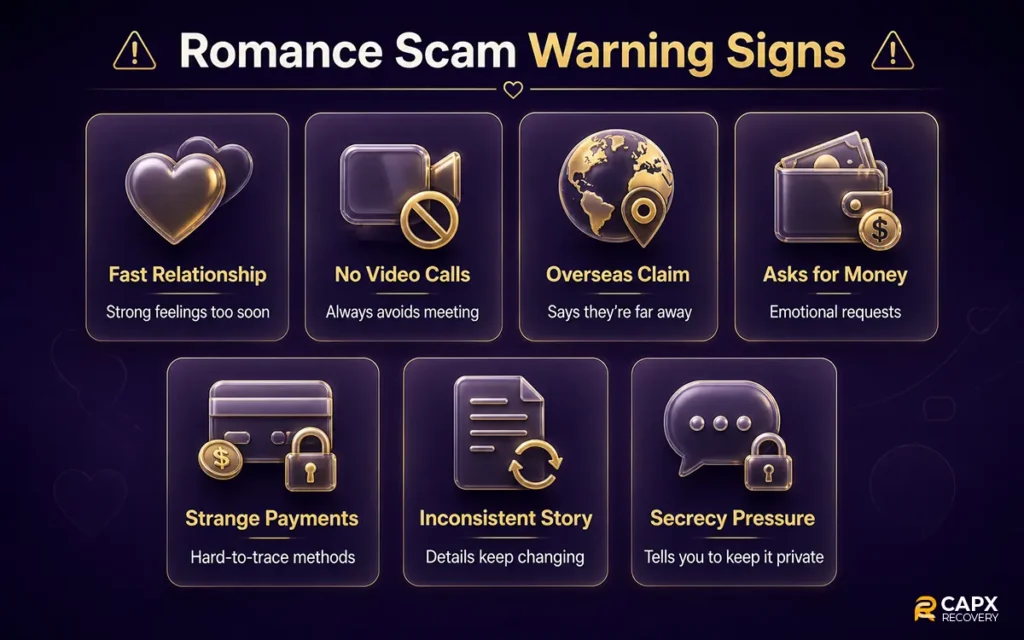 romance scam warning signs