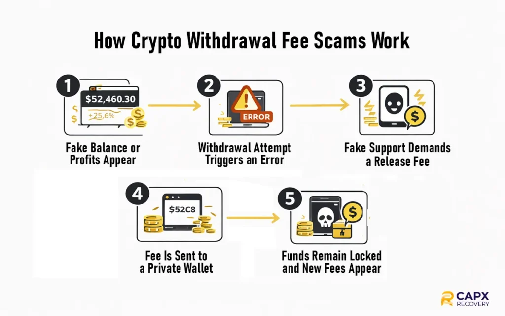 Infographic showing how crypto withdrawal fee scam work