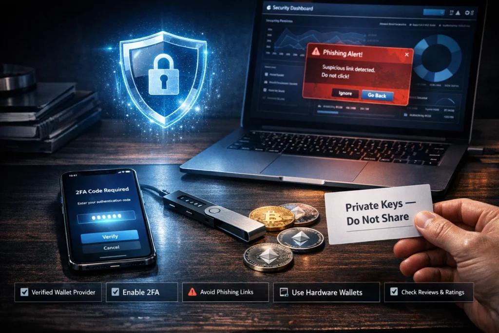 Infographic showing how to choose a safe crypto wallet