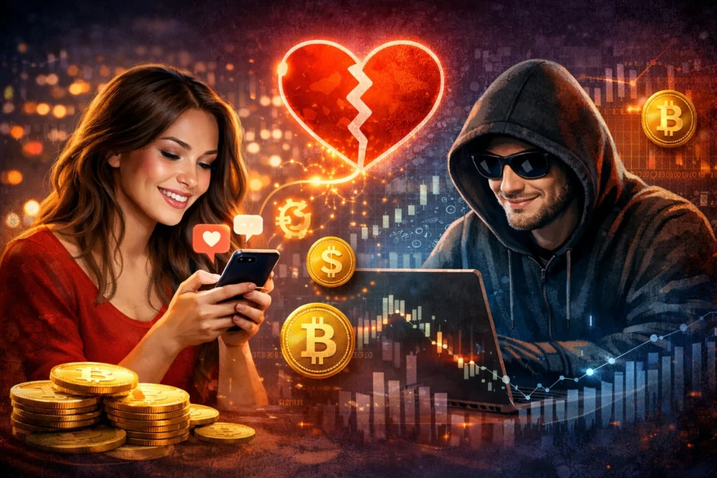 Infographic showing most common crypto romance scam tactics in the US
