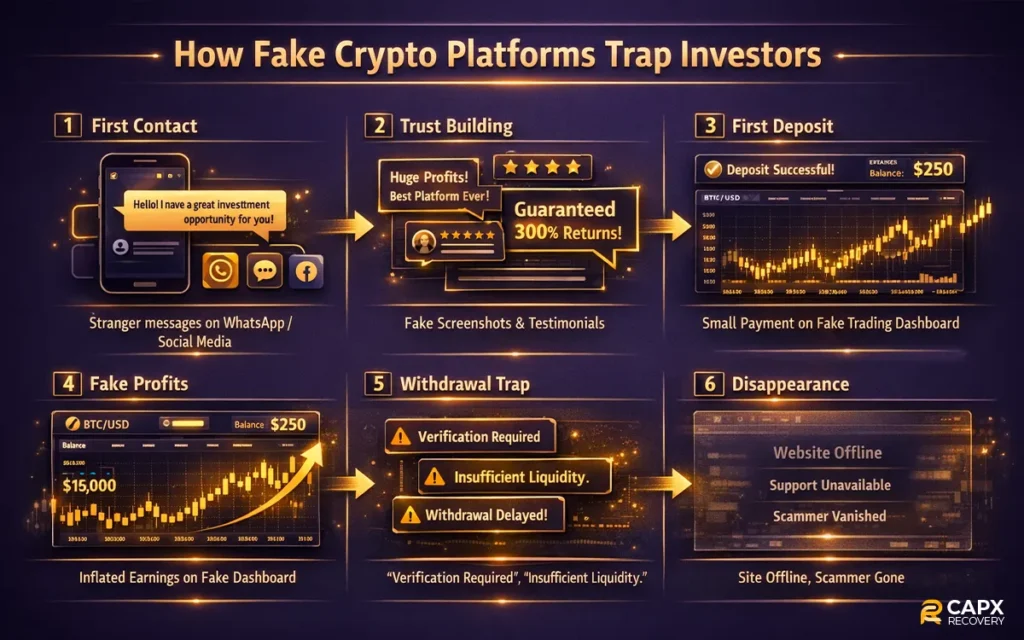 Infographic showing how fake crypto platforms trap investors