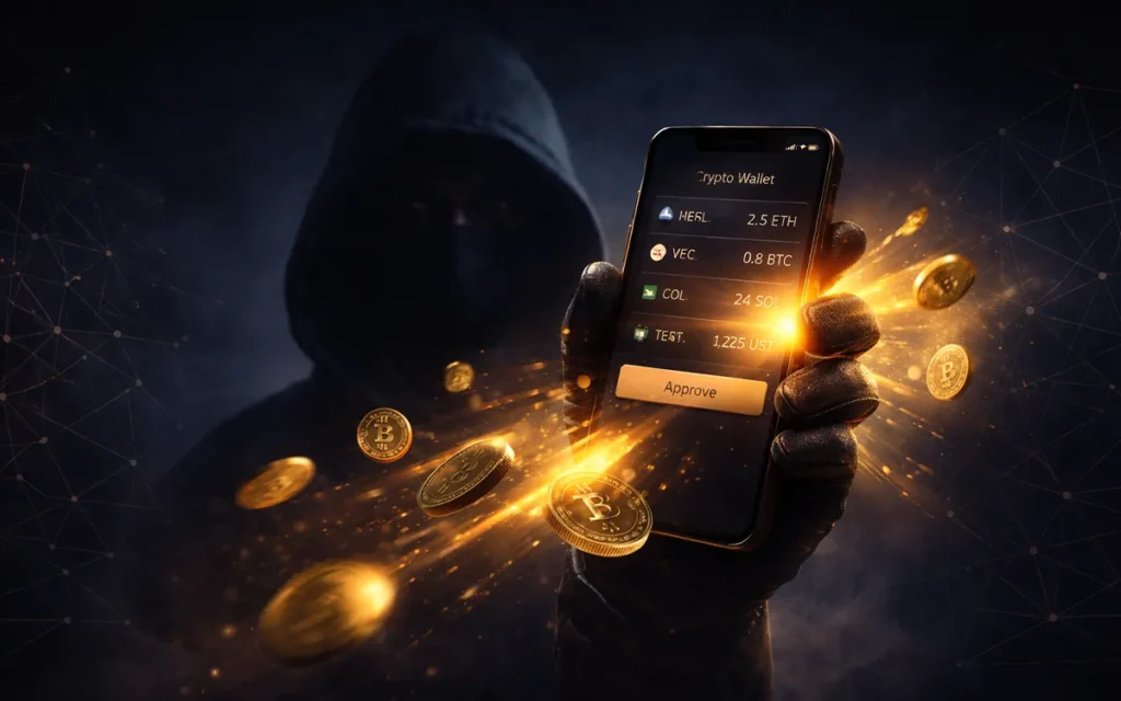 Fake crypto wallet app interface stealing funds from user device