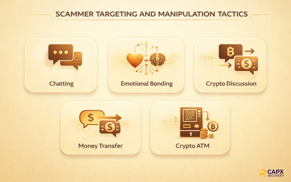 Infographic showing scammer targeting and manipulation tactics